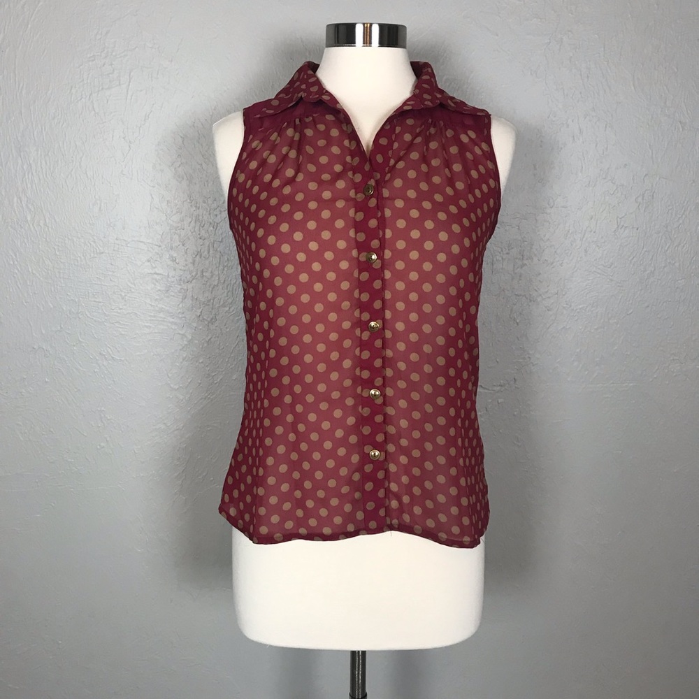 Burgundy Polka Dot Sheer Button Down Tank Top